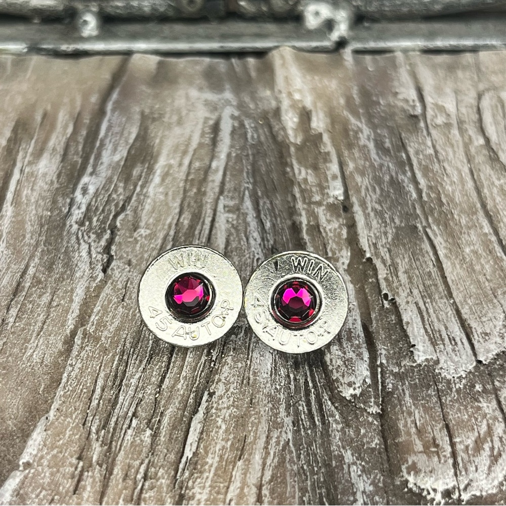 BULLET STUD EARRINGS - 45 AUTO - SWAROVSKI CRYSTAL BIRTHSTONE 
JULY - RUBY